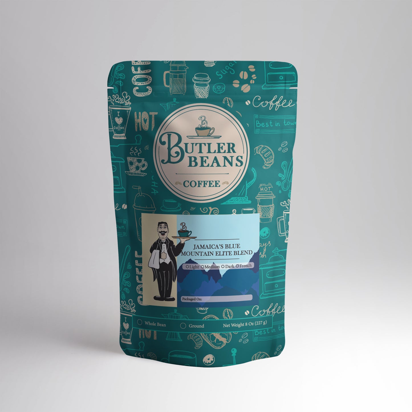 Butler Beans Jamaican coffee blend smooth finish in an 8 ounce bag