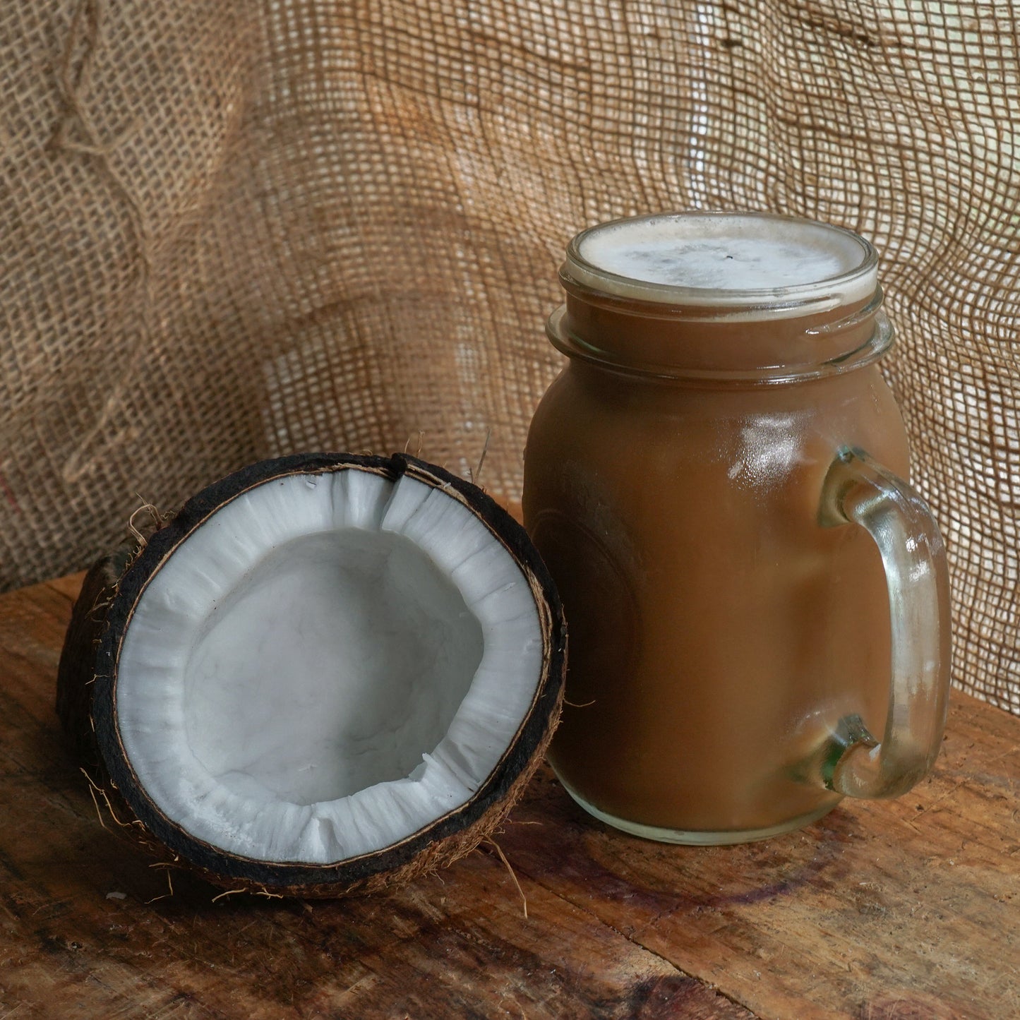 Coconut flavored coffee in a mug with a coconut