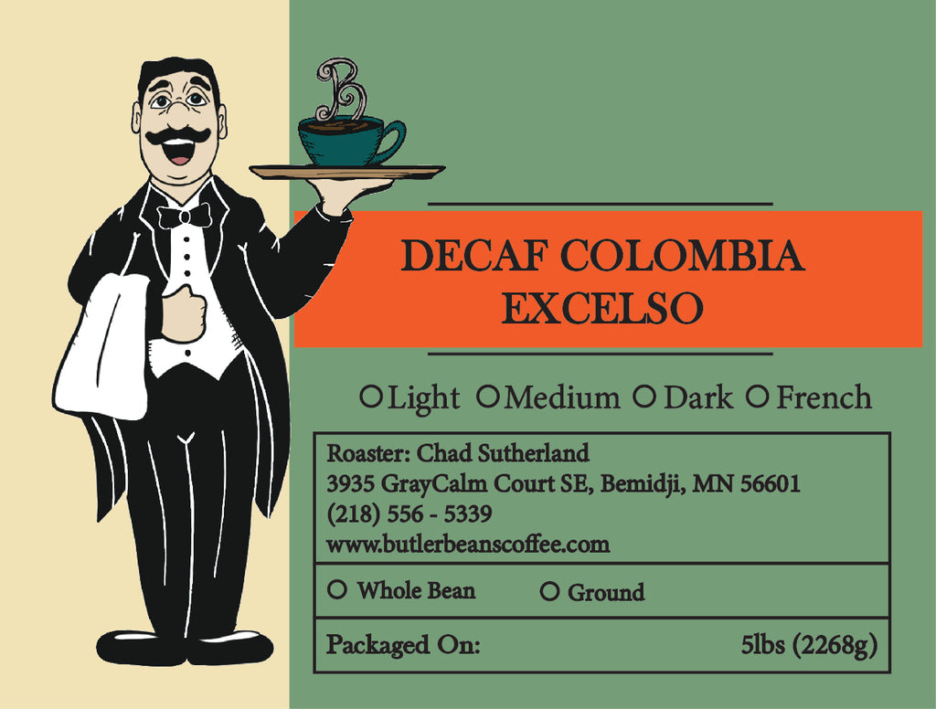 Colombia Excelso Decaffeinated Coffee – Smooth, Swiss Water Process | Butler Beans Coffee Butler Beans Coffee Light Ground 5 LBS