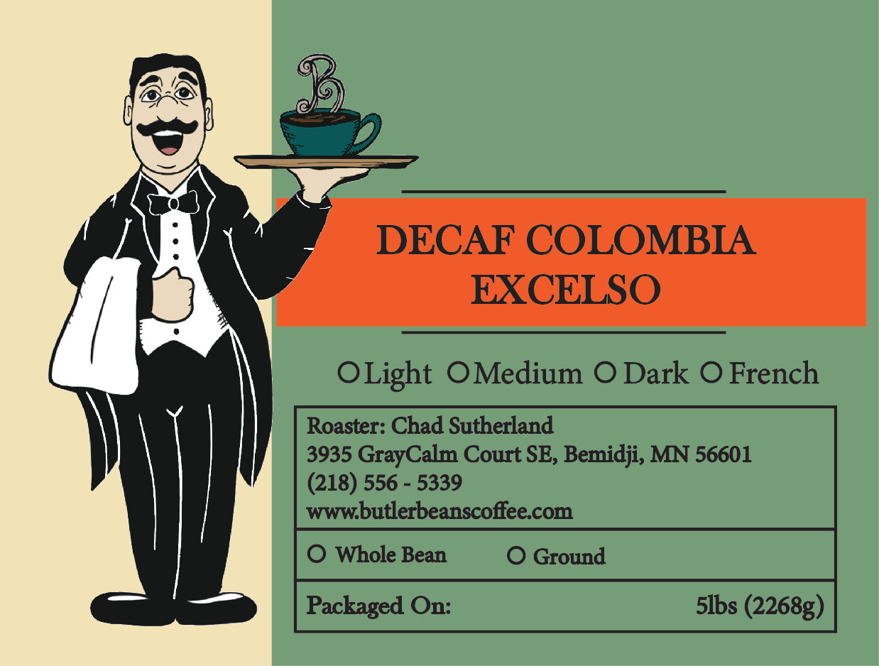 Colombia Excelso Decaffeinated Coffee – Smooth, Swiss Water Process | Butler Beans Coffee Butler Beans Coffee Light Ground 5 LBS